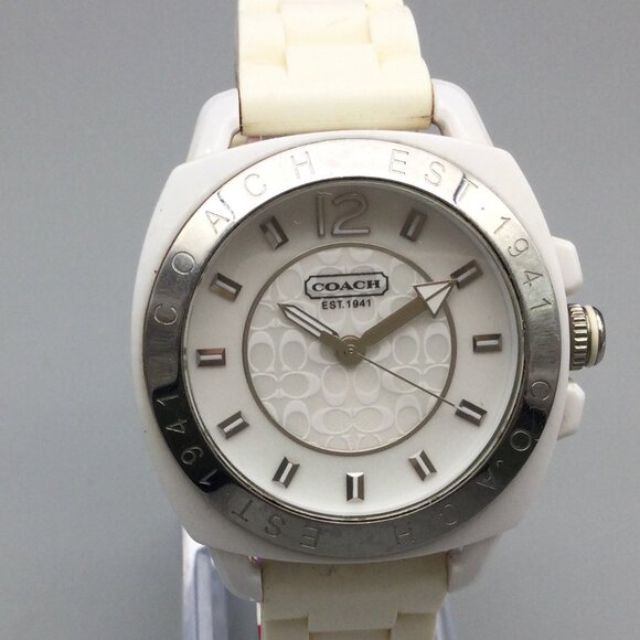 Coach Watch Women 42mm Silver Tone Logo Dial White Band New Battery main image 15